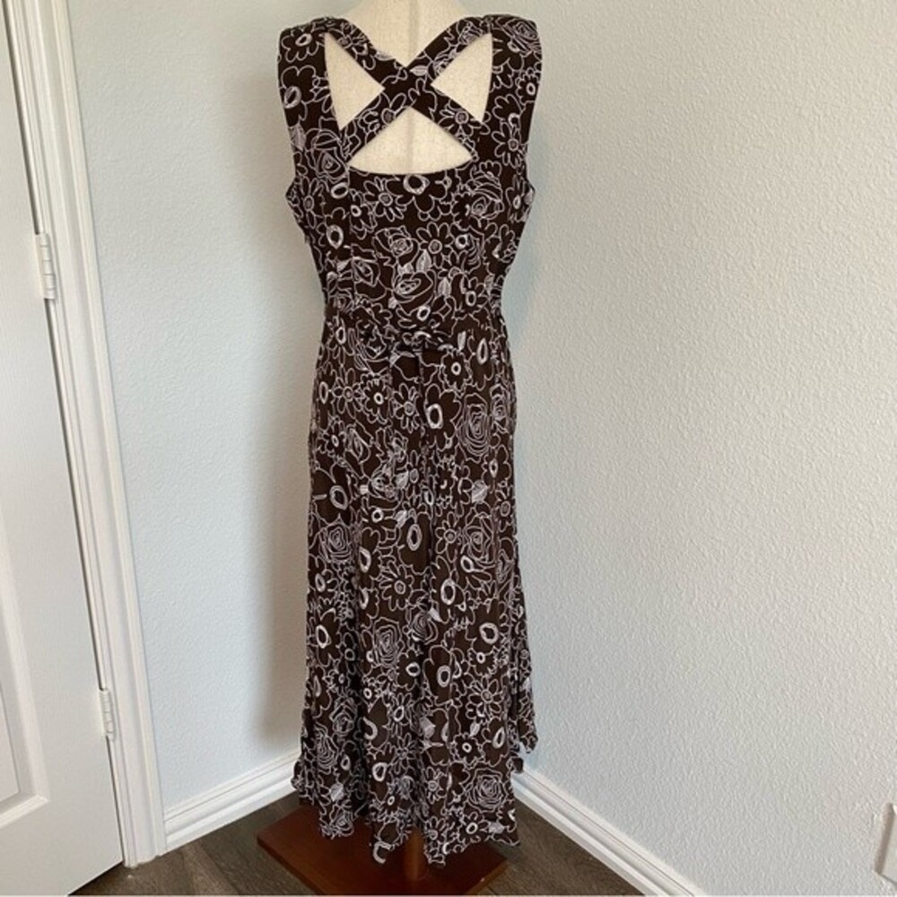 Vintage Sheri Martin Midi Floral Brown White V Neck Criss Cross Size 10